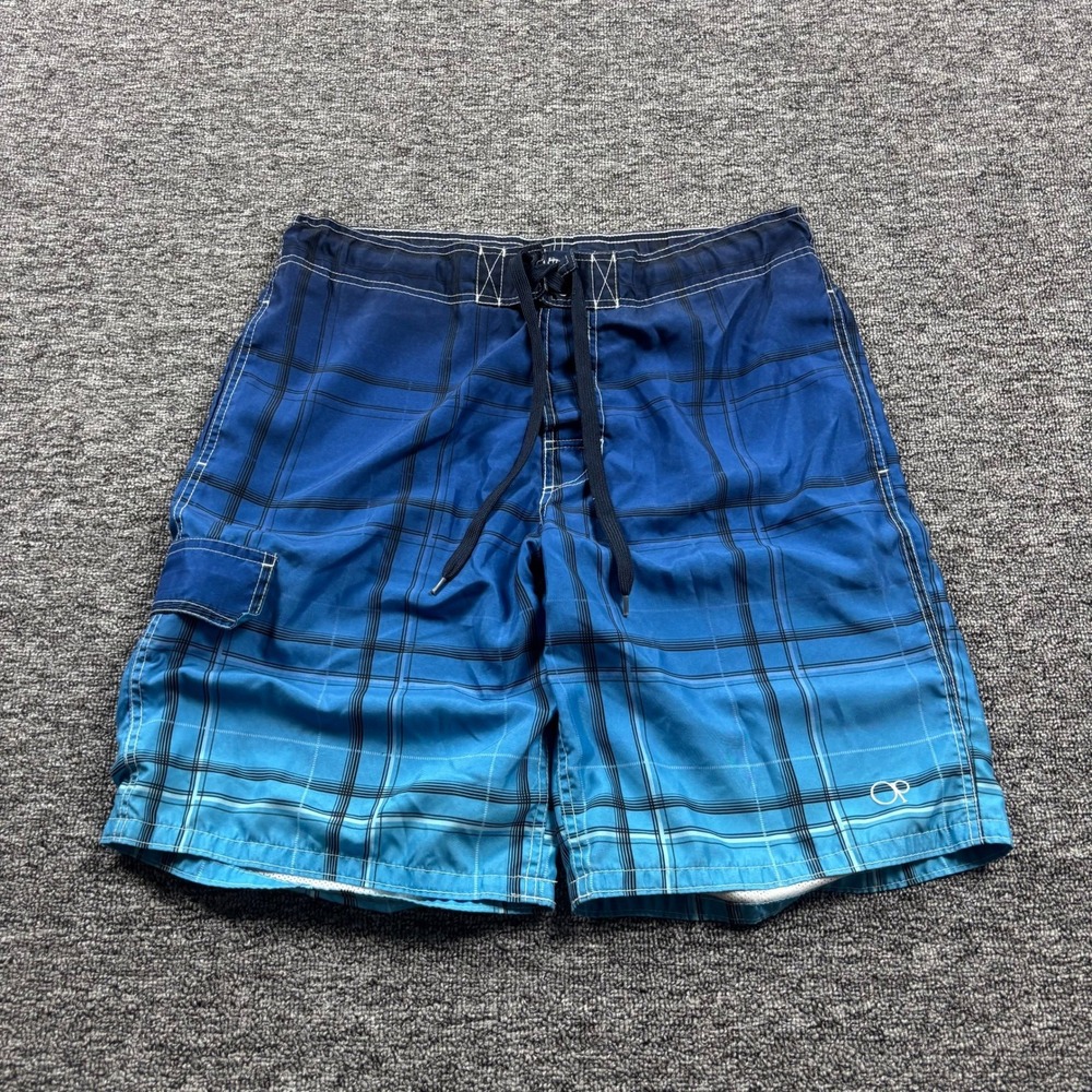 Y2K Vintage Ocean Pacific Surf Baggy Plaid Striped Board Shorts Blue Medium